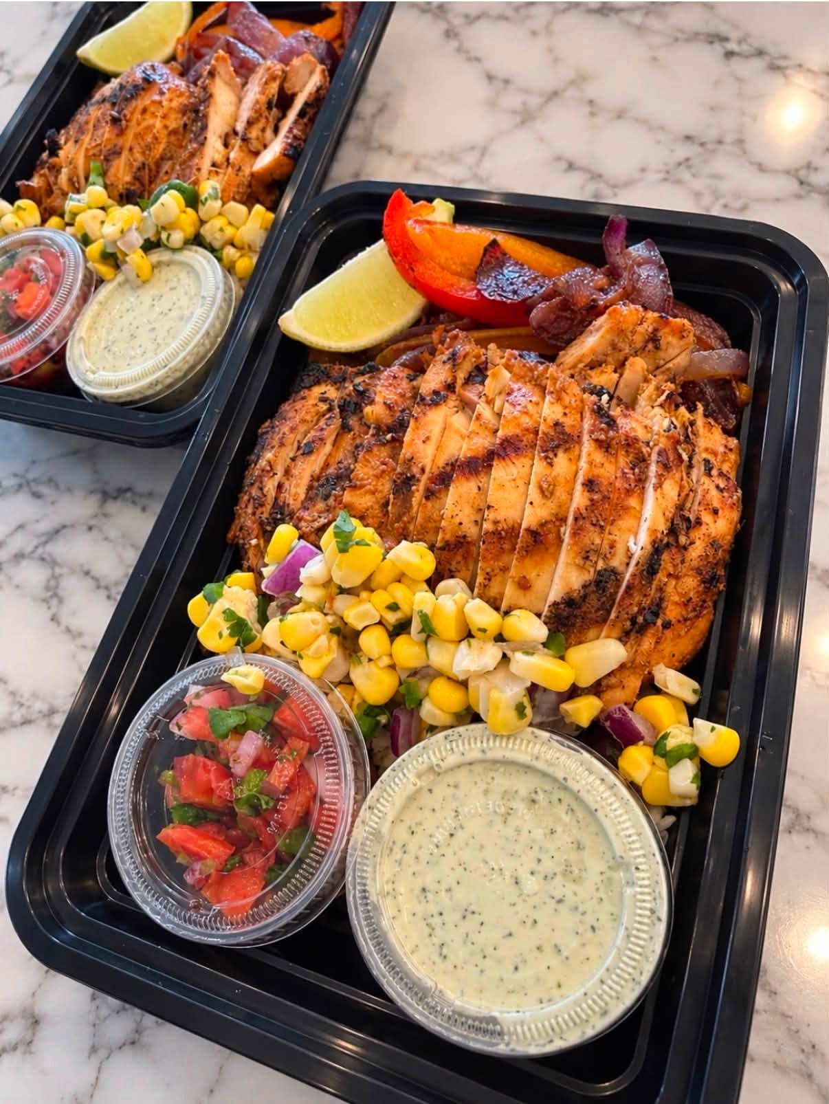 Freshly prepared grilled chicken bowls
