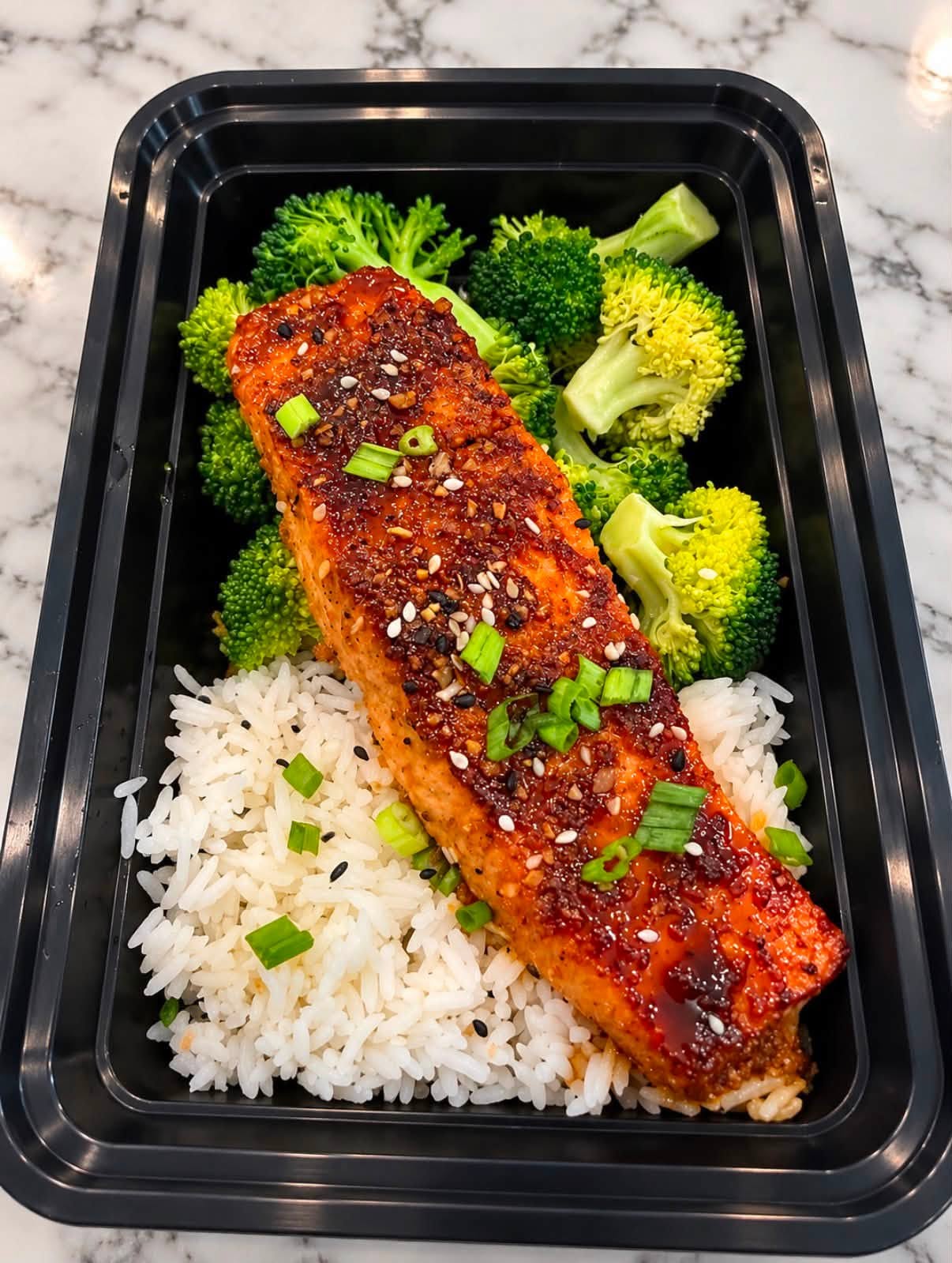 Glazed salmon with rice and broccoli