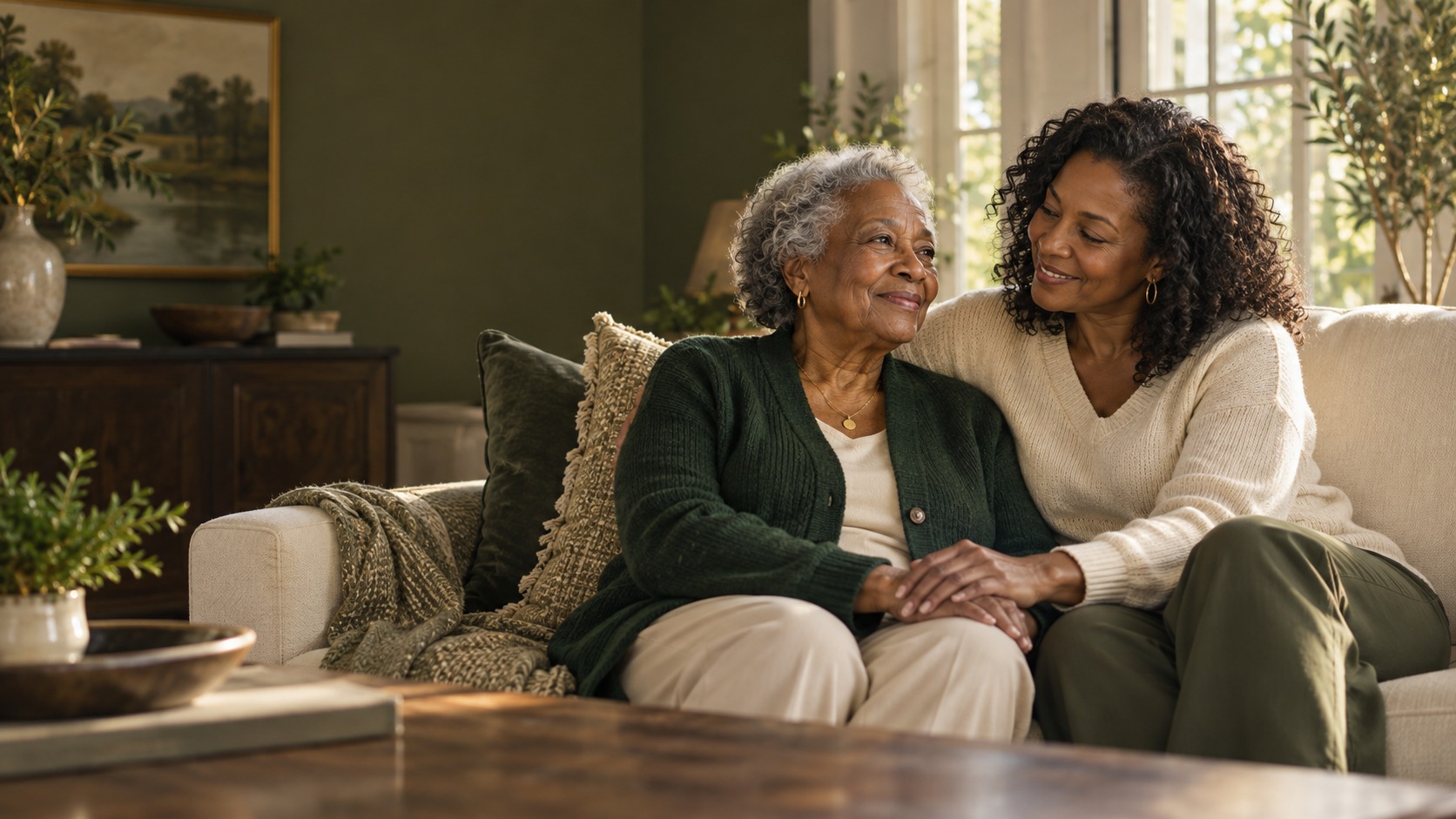 Illustrative image of an older adult and her daughter sharing a warm moment at home