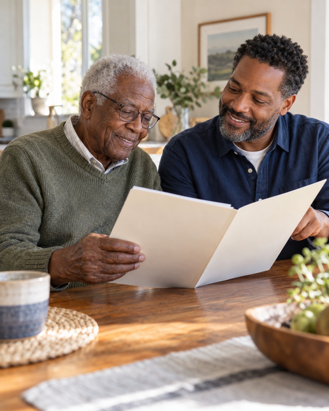 Illustrative scene of an older man planning with his son