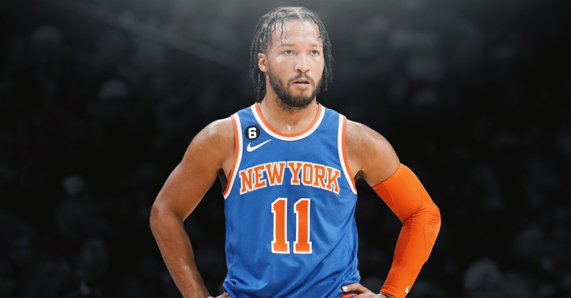 Jalen Brunson in his New York number 11 jersey, hands on hips